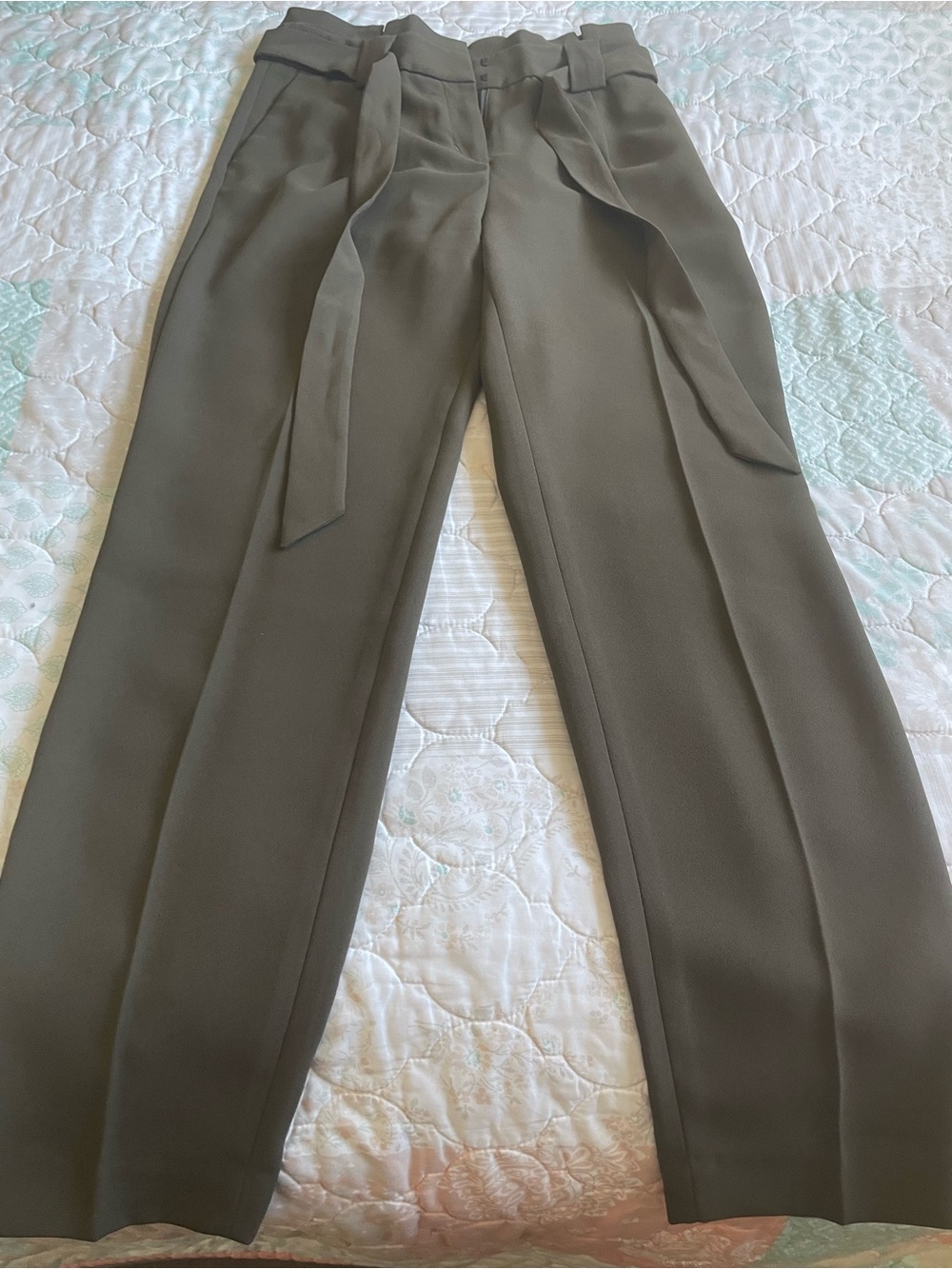 Express Olive Green High-Waist Paperbag Trousers with Tie